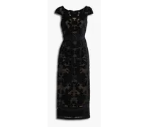 Embroidered lace-appliquéd stretch-tulle midi dress - Black