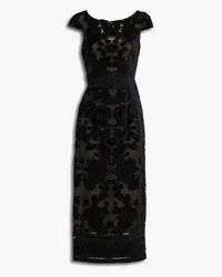 Marchesa Embroidered lace-appliquéd stretch-tulle midi dress - Black Black