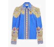 Embellished printed cotton and silk-blend twill shirt - Blue