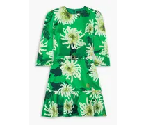 Embellished belted floral-print silk-satin mini dress - Green