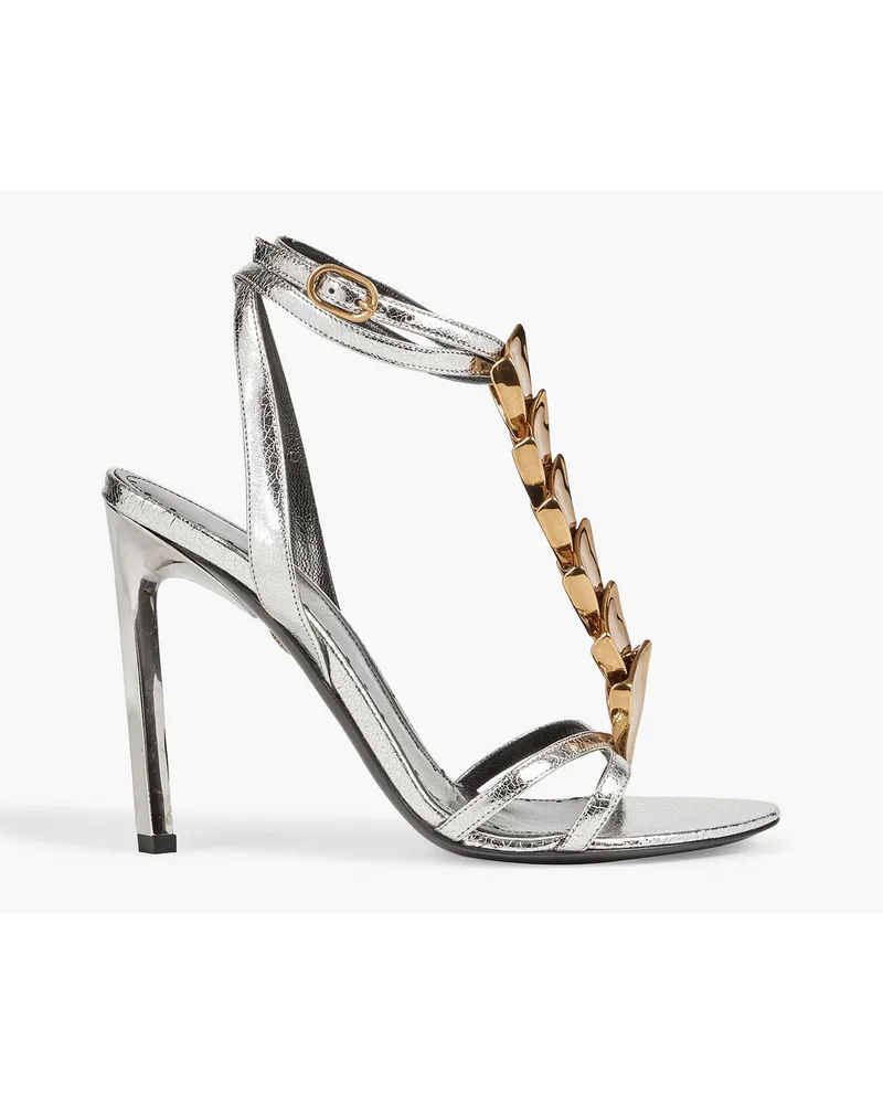 Roberto Cavalli Chain-trimmed metallic textured-leather sandals - Metallic Metallic