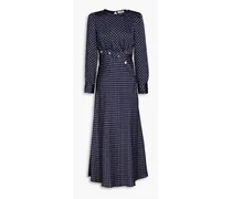 Button-embellished printed silk-twill midi dress - Blue
