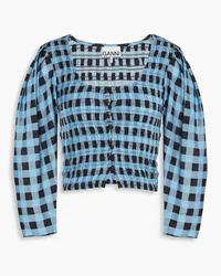 Ganni Shirred gingham cotton and silk-blend top - Blue Blue