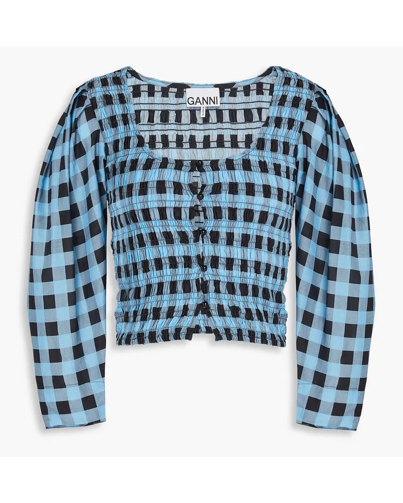 Ganni Shirred gingham cotton and silk-blend top - Blue Blue