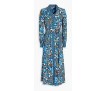 Alea belted printed crepe midi shirt dress - Blue