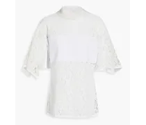 Crepe de chine-paneled flocked lace blouse - White
