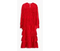 Tiered cotton-blend corded lace midi dress - Red