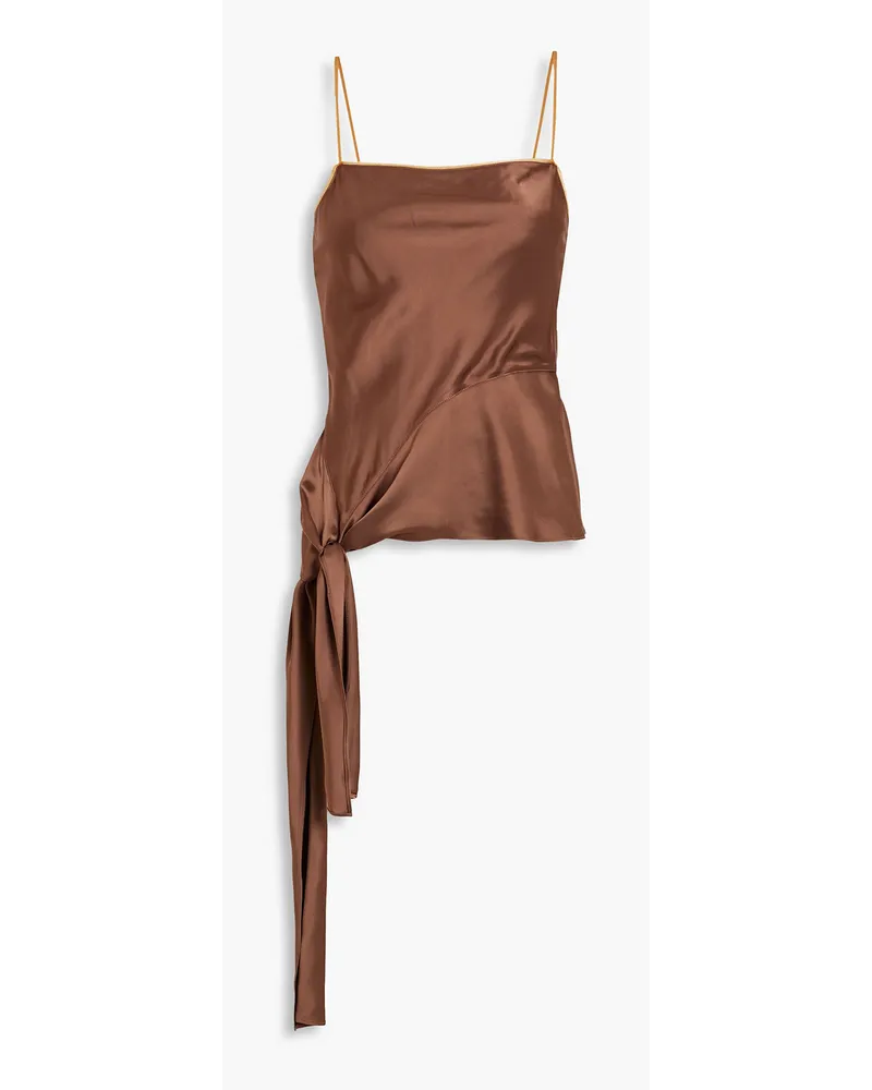 Helmut Lang Organza-trimmed asymmetric knotted satin camisole - Brown Brown