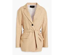 Pinstriped cotton and linen-blend blazer - Neutral