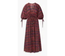 Donrine embellished ruched tie-dyed cotton-blend poplin midi dress - Red