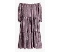 Lily off-the-shoulder gathered cotton-jacquard mini dress - Purple