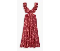 Tiggy cutout ruffled paisley-print silk midi dress - Burgundy