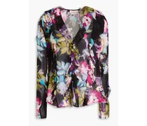 Amira ruffled floral-print silk-chiffon blouse - Black