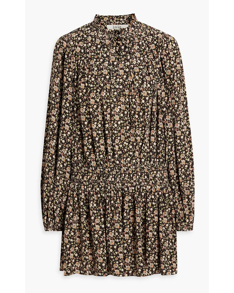 Joie Essex shirred floral-print silk crepe de chine mini dress - Brown Brown