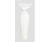 Cold-shoulder feather-trimmed crepe maxi dress - White
