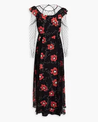 RED Valentino Floral-print silk-chiffon and point d'esprit midi dress - Black Black