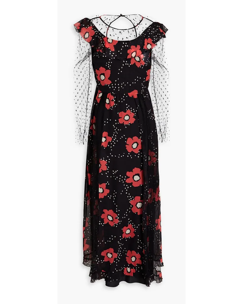 RED Valentino Floral-print silk-chiffon and point d'esprit midi dress - Black Black