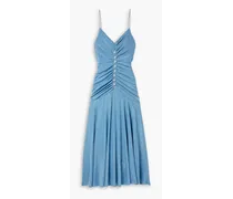 Crystal-embellished ruched metallic stretch-jersey maxi dress - Blue