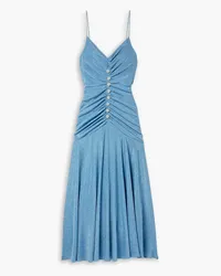 Monique Lhuillier Crystal-embellished ruched metallic stretch-jersey maxi dress - Blue Blue