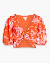 Monique Lhuillier Cropped twisted floral-print taffeta top - Orange Orange