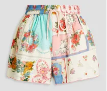 Gathered floral-print cotton shorts - White