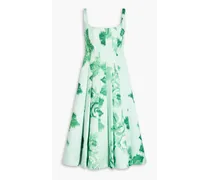Pleated floral-print duchesse-satin midi dress - Green