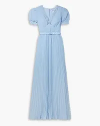 Self-Portrait Belted pleated guipure lace-trimmed chiffon maxi dress - Blue Blue