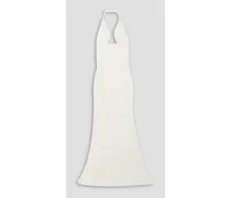 Paneled piqué and silk-crepe halterneck gown - White