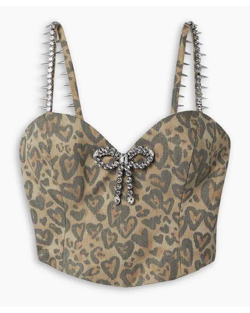 Area Cropped embellished leopard-print denim bustier top - Neutral Neutral