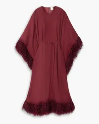 Huishan Zhang Calista belted feather-trimmed crepe kaftan - Burgundy Burgundy