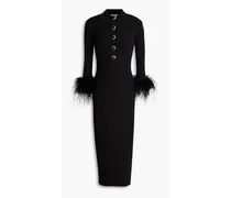 Soraya feather-trimmed ribbed-knit midi dress - Black