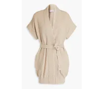 Belted sequin-embellished ribbed cotton-blend cardigan - Neutral