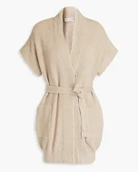 Brunello Cucinelli Belted sequin-embellished ribbed cotton-blend cardigan - Neutral Neutral