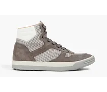 Suede, leather and mesh high-top sneakers - Gray