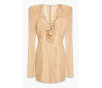 Appliquéd pleated silk-chiffon mini dress - Neutral