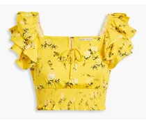 Alice Olivia - Shanae cropped floral-print cotton-blend poplin top - Yellow