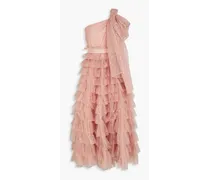 One-shoulder bow-embellished ruffled glittered tulle midi dress - Pink