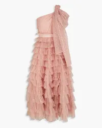 RED Valentino One-shoulder bow-embellished ruffled glittered tulle midi dress - Pink Pink