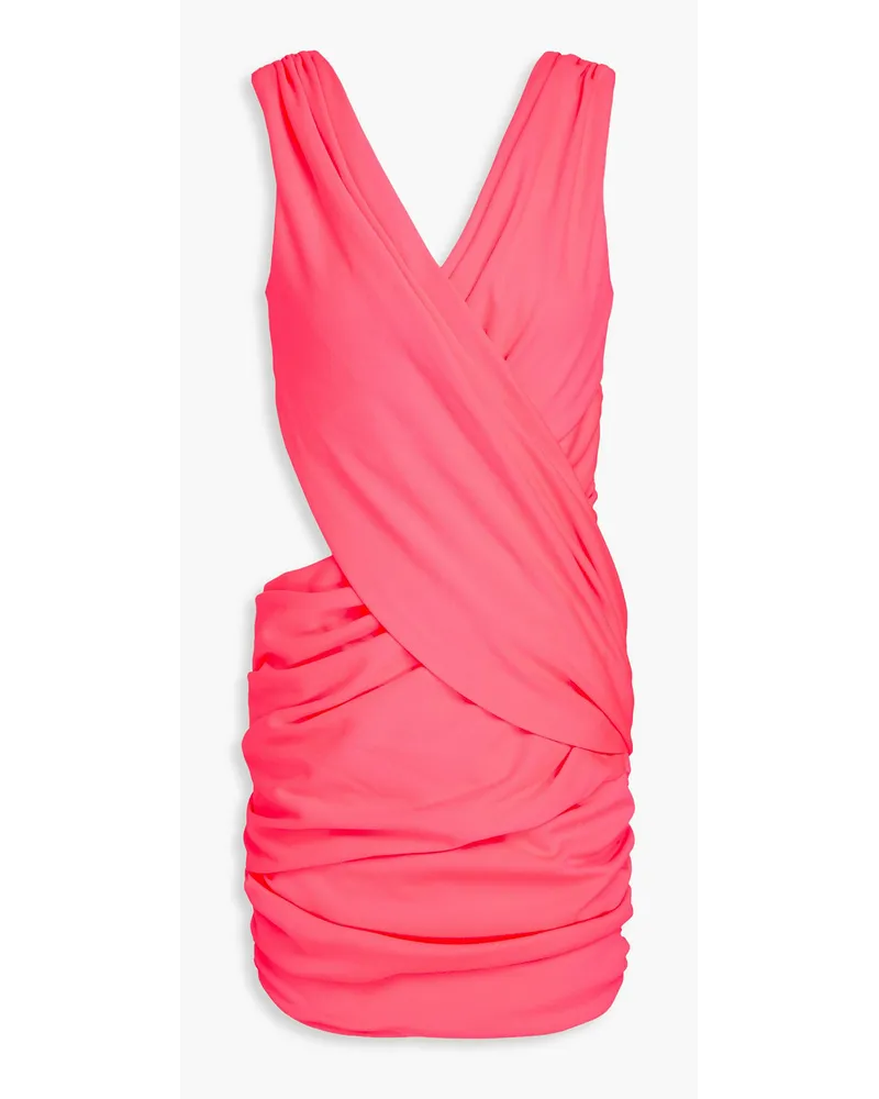 Balmain Cutout ruched neon ponte mini dress - Pink Pink