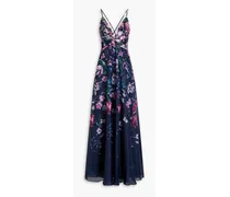Tulle-paneled embroidered floral-print charmeuse gown - Blue