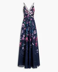 Marchesa Embroidered tulle and charmeuse gown - Blue Blue