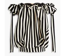 Off-the-shoulder striped wool and silk-blend crepe top - Black