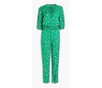 Shirred floral-print satin-jacquard jumpsuit - Green