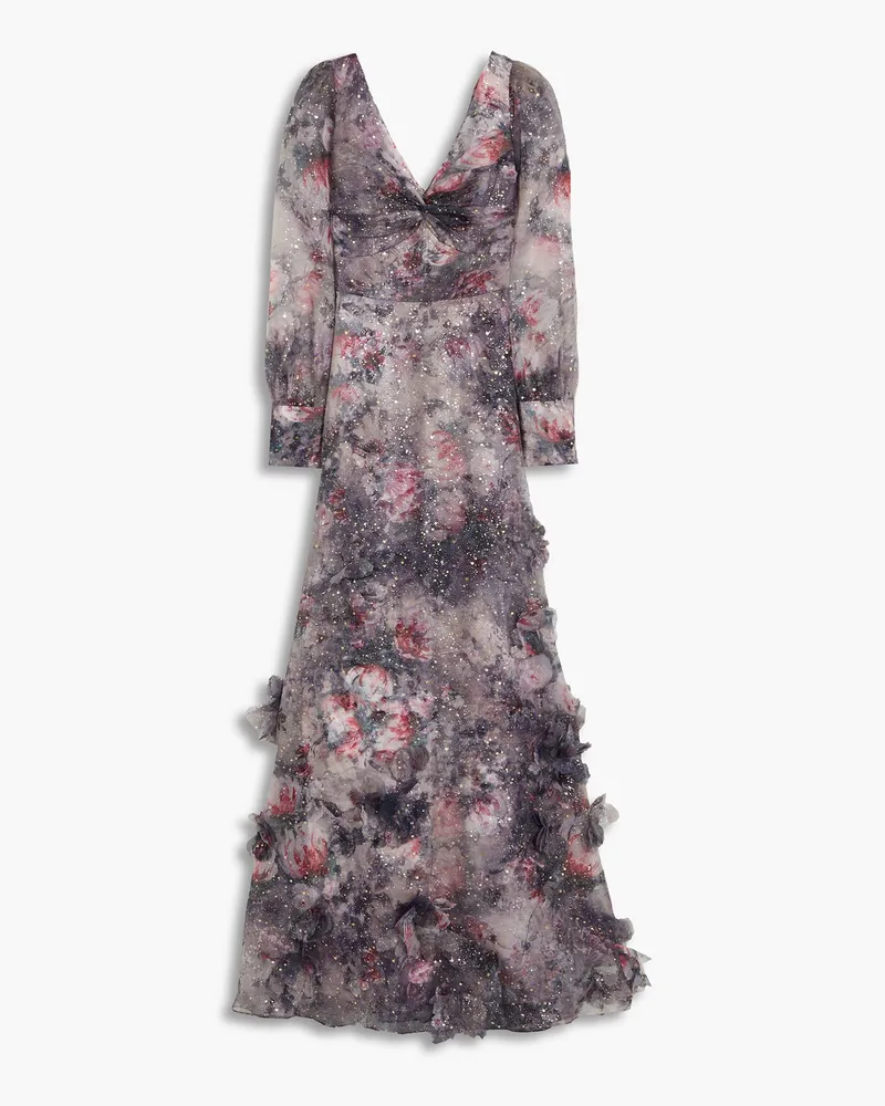 Twisted floral-appliquéd printed organza gown - Purple