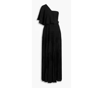 One-shoulder pleated crepe and lace maxi dress - Black