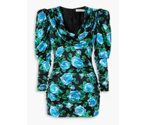 Draped floral-print silk-satin mini dress - Blue