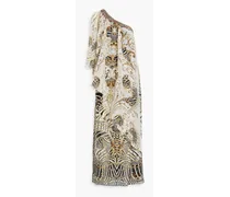 One-shoulder embellished printed silk-chiffon maxi dress - White