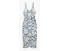 Augusta ruched printed silk-satin midi dress - Blue