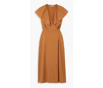 Wrap-effect ruffled woven midi dress - Brown