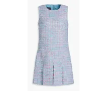 Satin-trimmed pleated bouclé-tweed mini dress - Blue